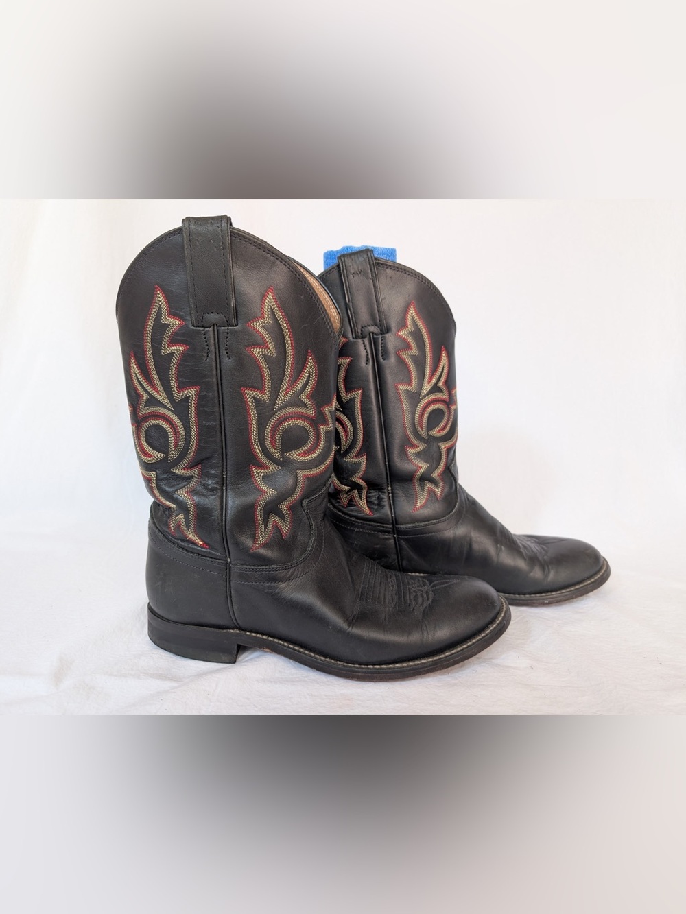 Justin Boots Black Leather Cowboy Boots with Red & Tan Stitching